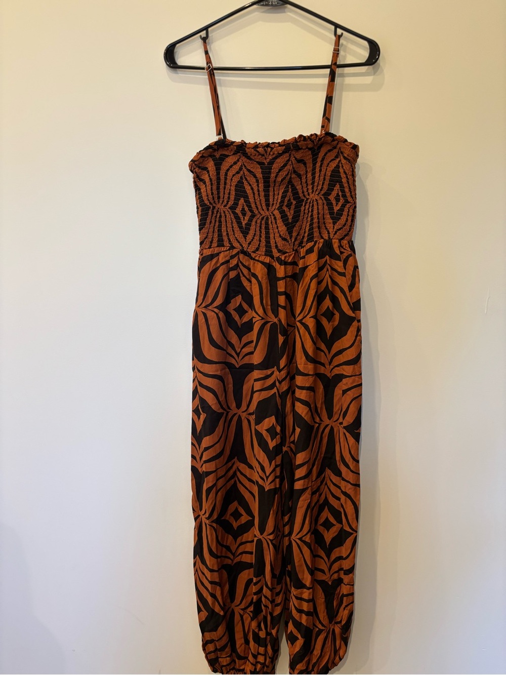 Anthropologie Smocked Strap Jumpsuit Dress in Rust and Black